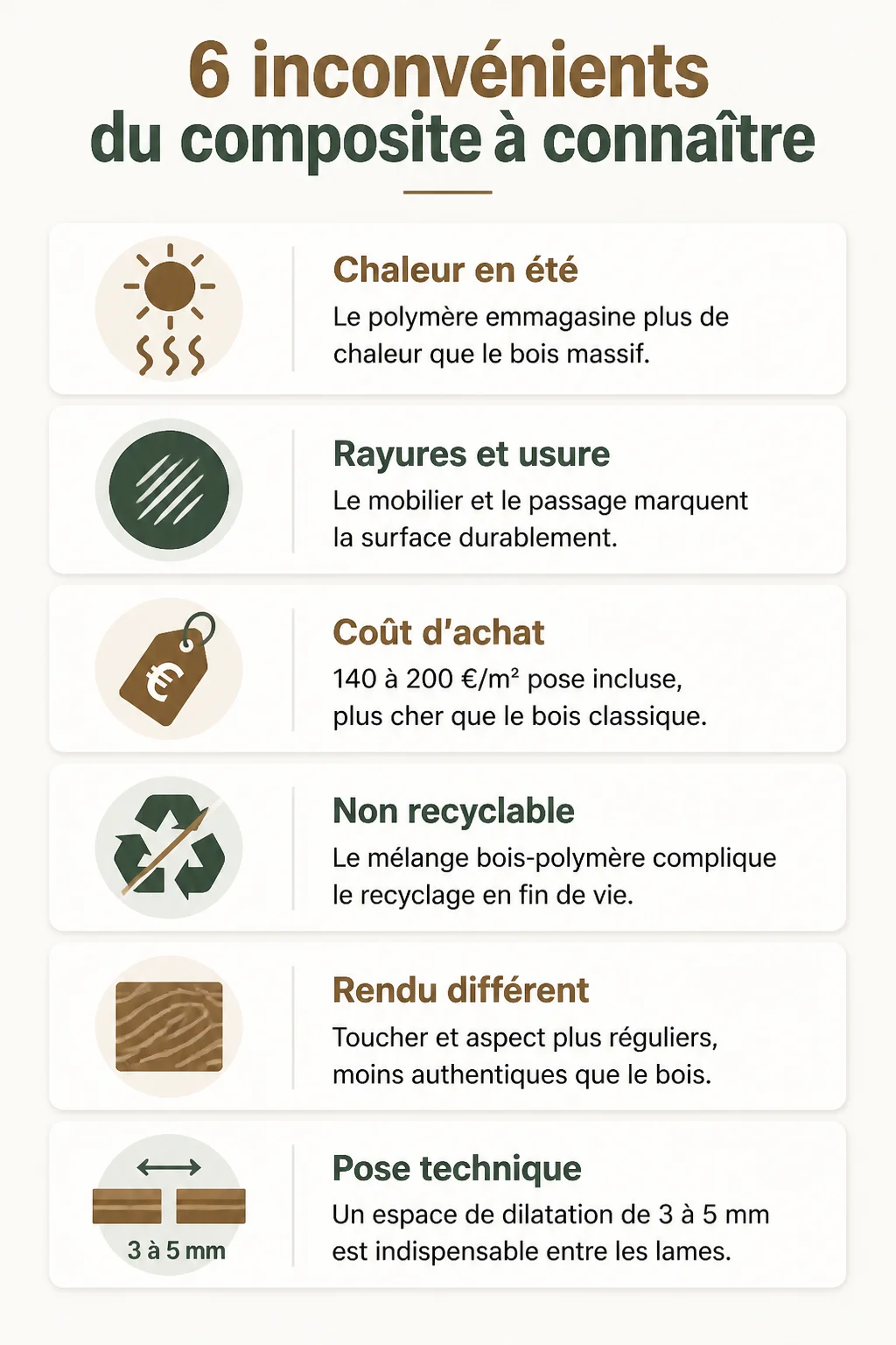6 inconvénients du composite à connaître : Chaleur en été, Rayures et usure, Coût d'achat, Non recyclable, Rendu différent, Pose technique