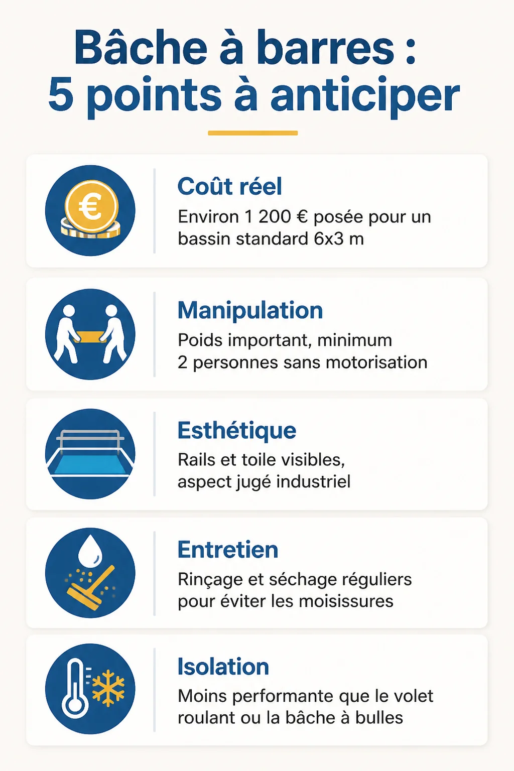 Bâche à barres : 5 points à anticiper : Coût réel, Manipulation, Esthétique, Entretien, Isolation