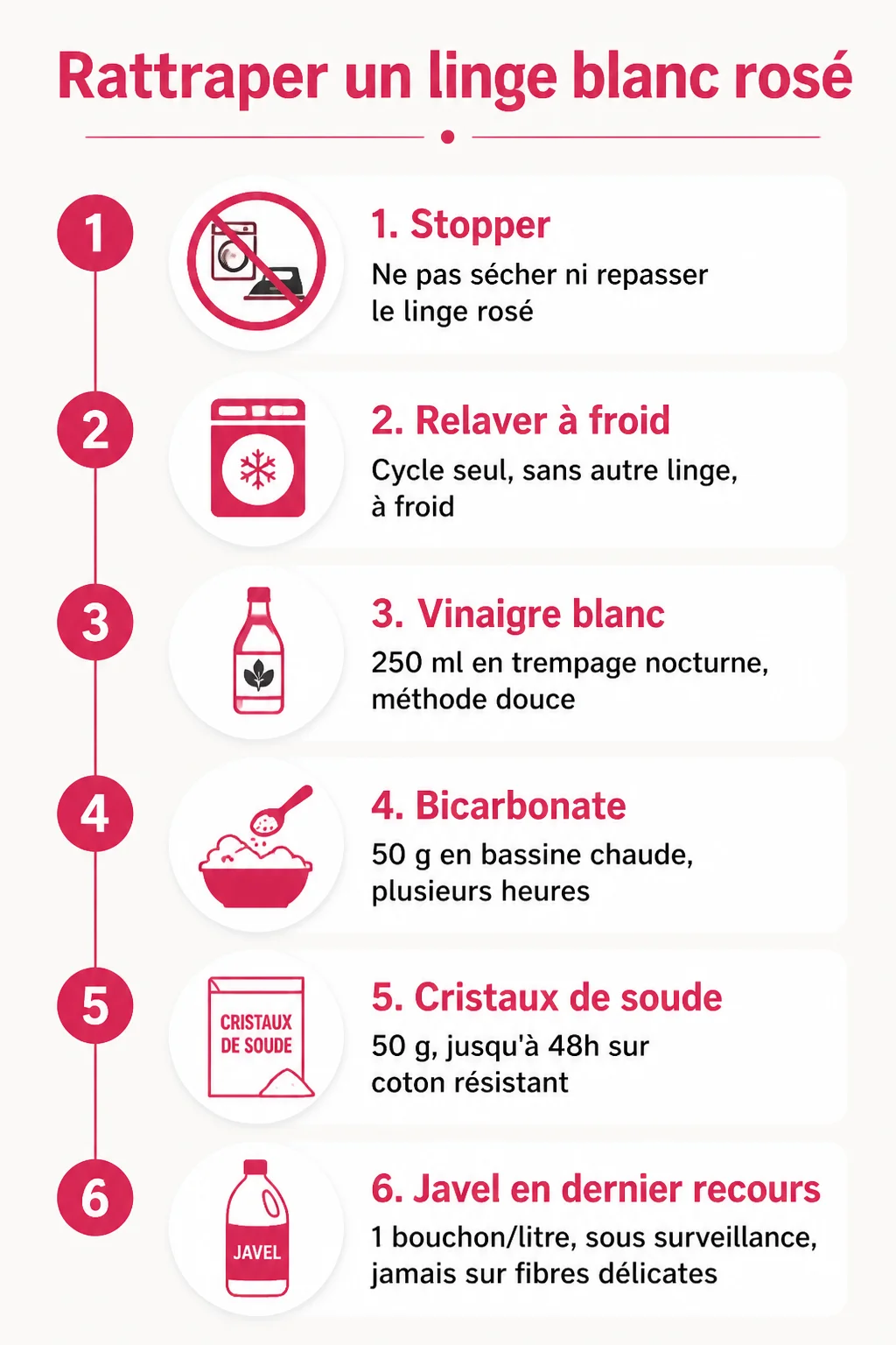 Rattraper un linge blanc rosé : 1. Stopper, 2. Relaver à froid, 3. Vinaigre blanc, 4. Bicarbonate, 5. Cristaux de soude, 6. Javel en dernier recours