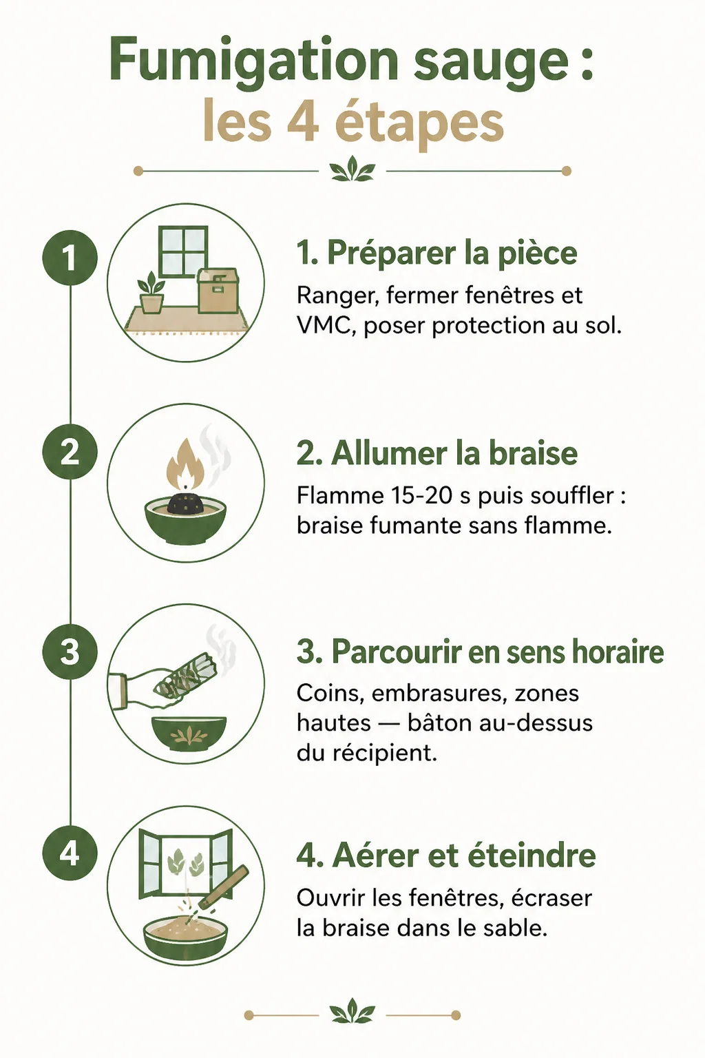 Fumigation sauge : les 4 étapes : 1. Préparer la pièce, 2. Allumer la braise, 3. Parcourir en sens horaire, 4. Aérer et éteindre