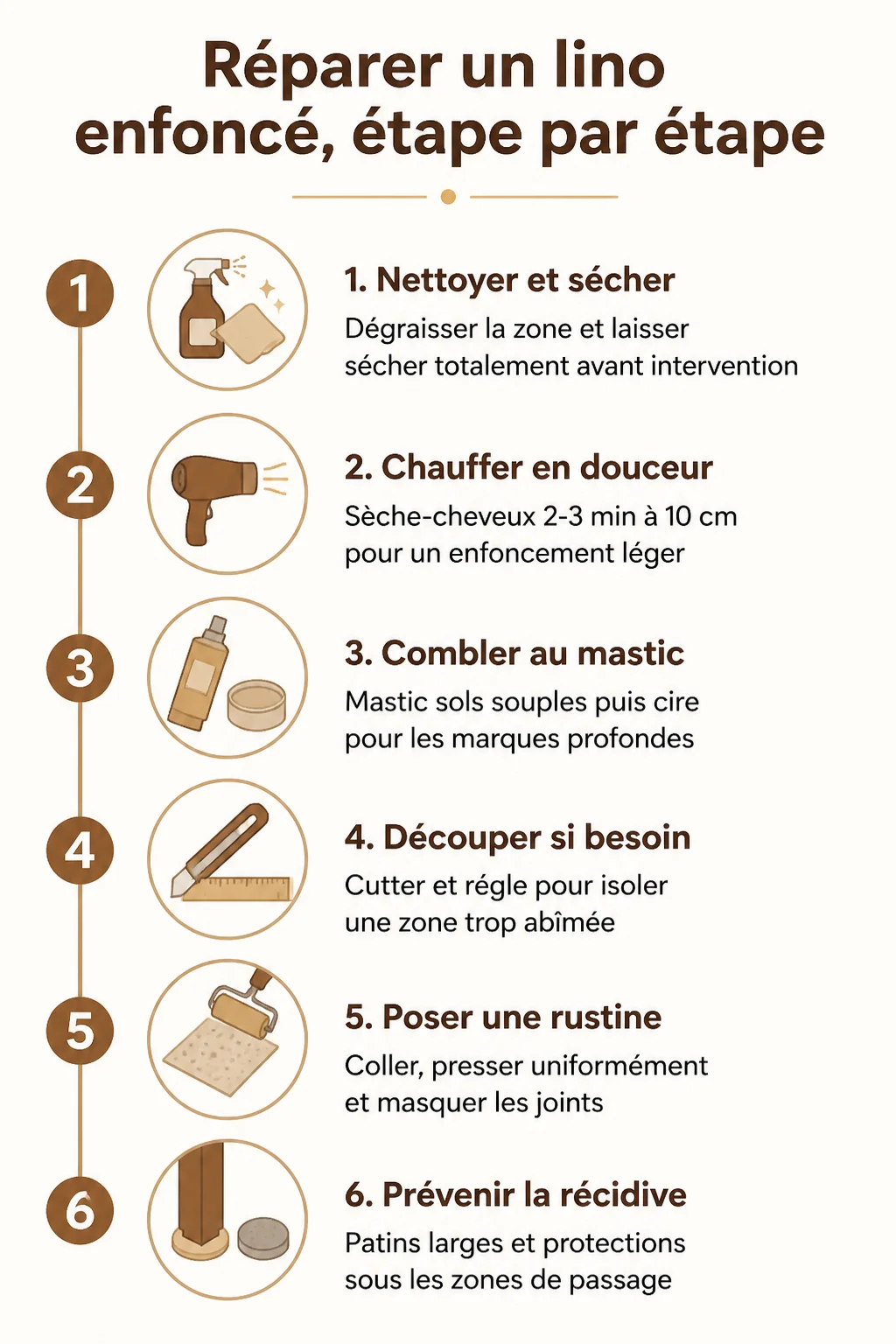 Réparer un lino enfoncé, étape par étape : 1. Nettoyer et sécher, 2. Chauffer en douceur, 3. Combler au mastic, 4. Découper si besoin, 5. Poser une rustine, 6. Prévenir la récidive