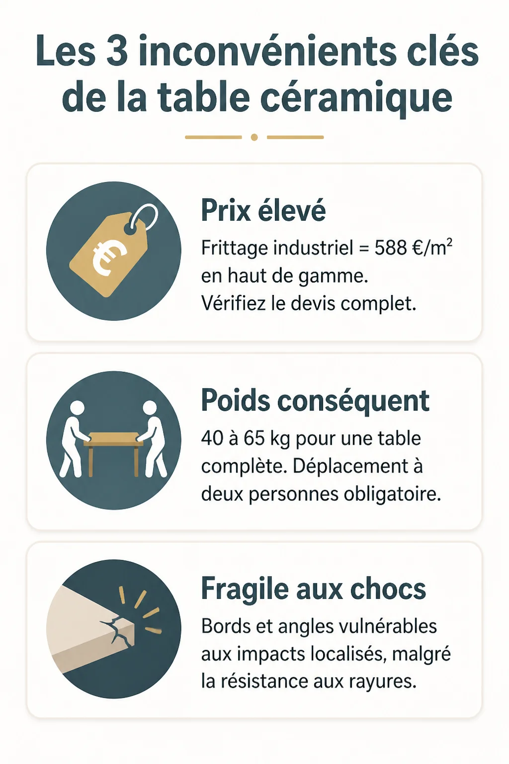 Les 3 inconvénients clés de la table céramique : Prix élevé, Poids conséquent, Fragile aux chocs