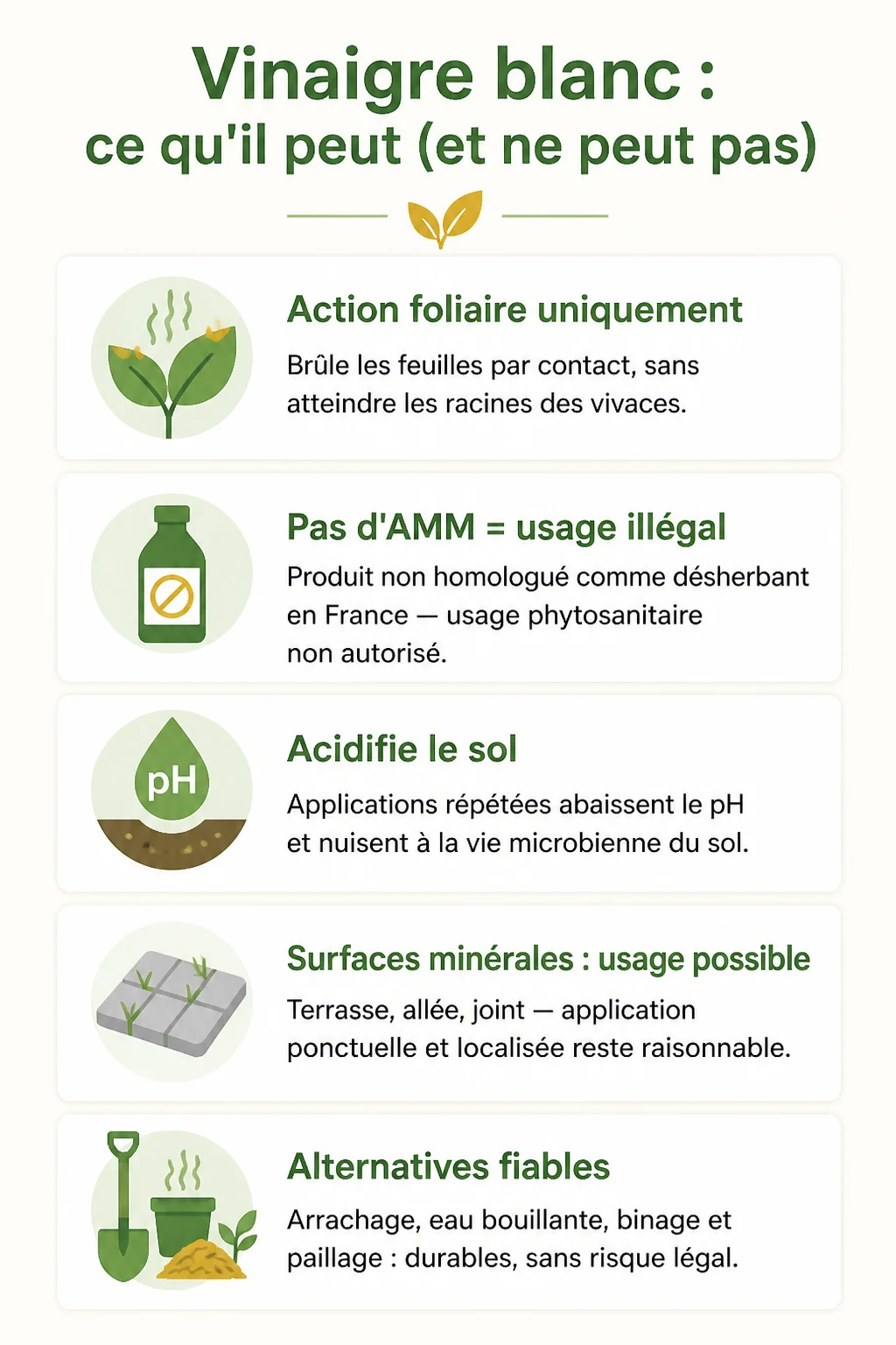 Vinaigre blanc : ce qu'il peut (et ne peut pas) : Action foliaire uniquement, Pas d'AMM = usage illégal, Acidifie le sol, Surfaces minérales : usage possible, Alternatives fiables