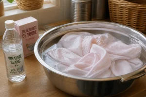 Linge blanc rosé qui trempe dans une bassine avec vinaigre blanc et bicarbonate de soude à proximité