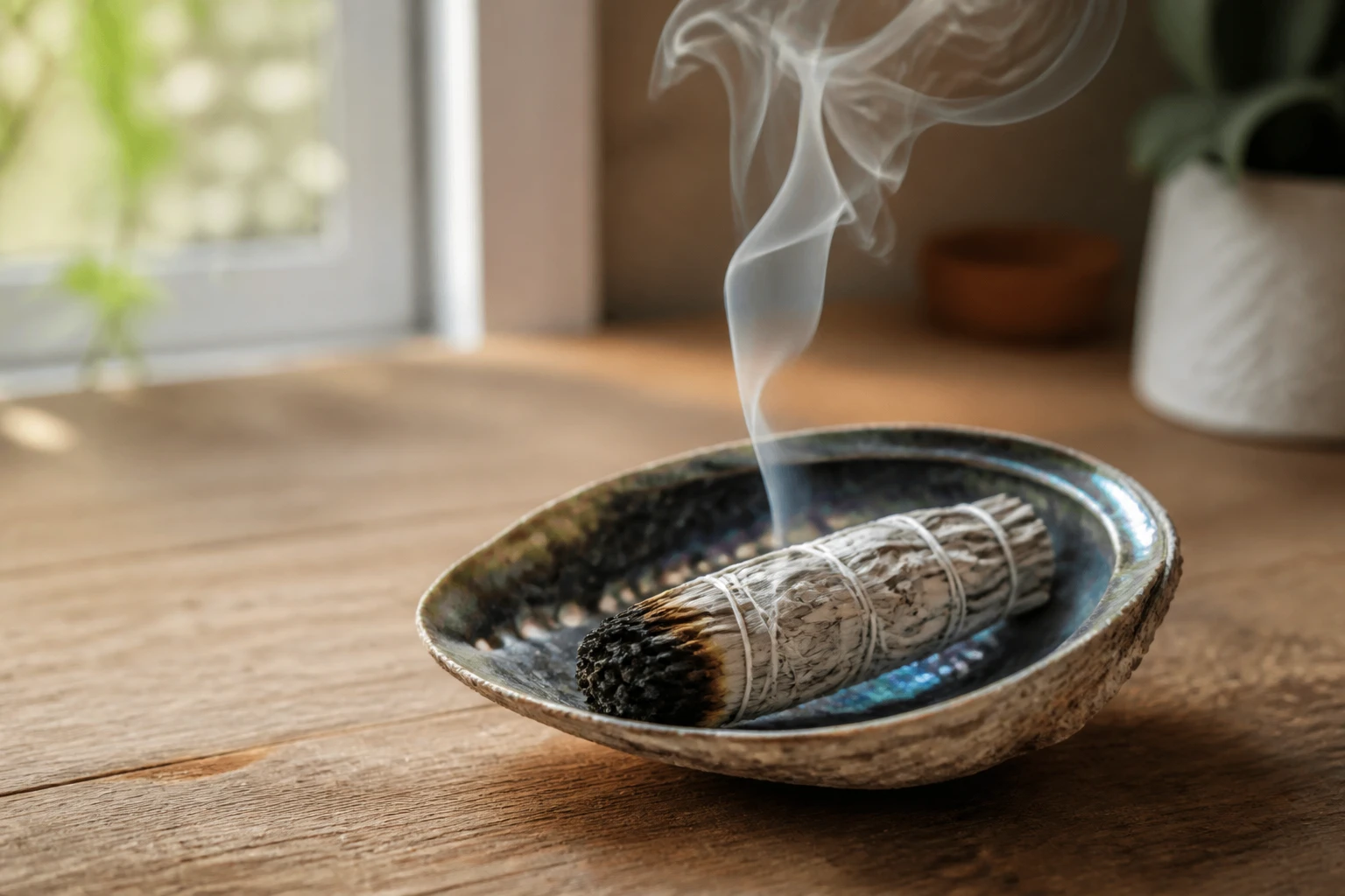 Bâton de sauge blanche allumé posé dans une coquille d'ormeau, fine volute de fumée blanche, intérieur chaleureux