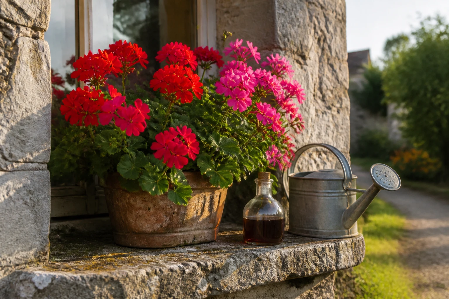Pot de géraniums fleuris sur un rebord de fenêtre avec arrosoir en zinc et préparation maison
