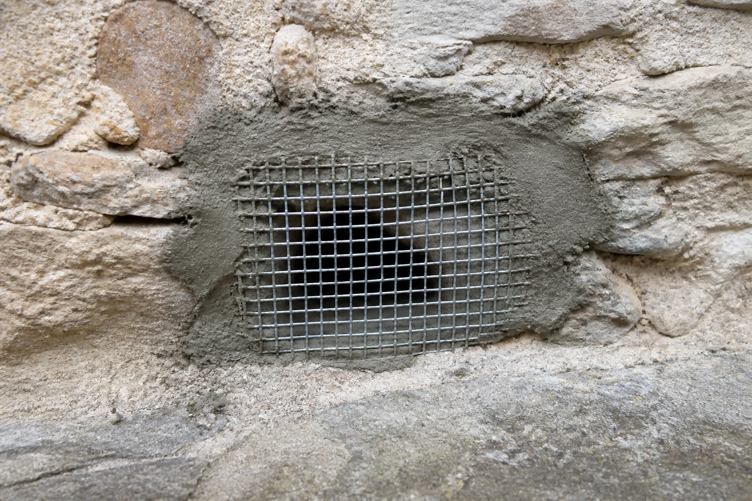 Grillage métallique posé pour colmater un point d'entrée de rats sur un mur extérieur