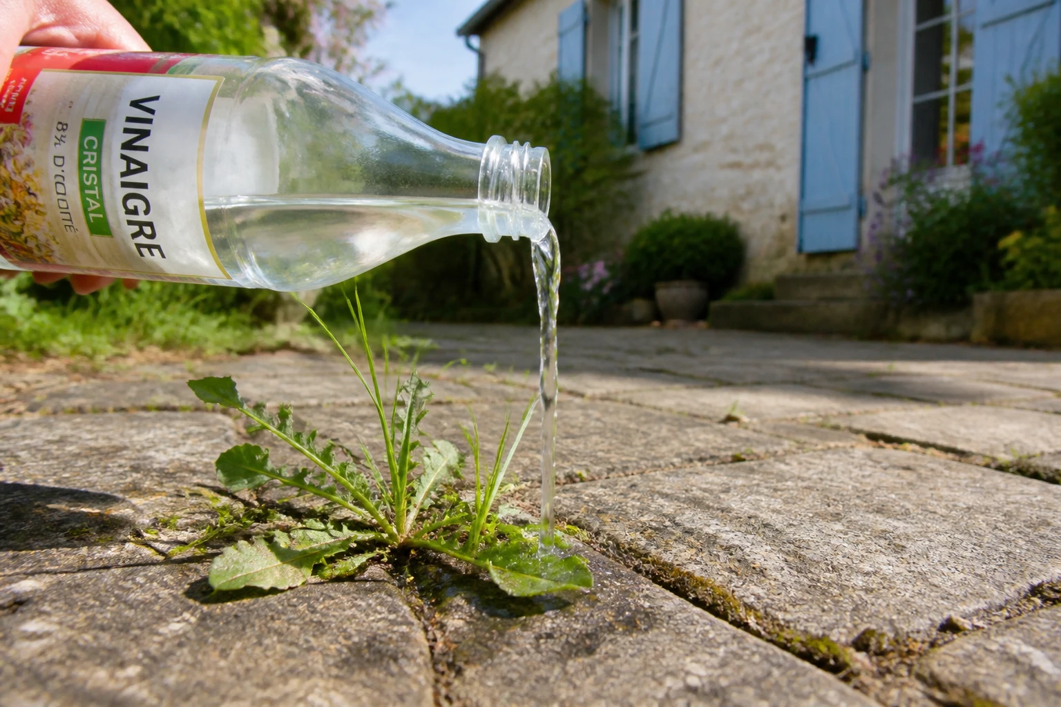 Bouteille de vinaigre blanc versée sur des mauvaises herbes dans les joints d'une terrasse en pierre