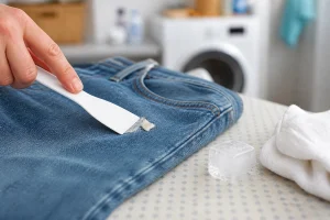 Décollement d'un chewing-gum durci sur un jean à la spatule après passage au congélateur