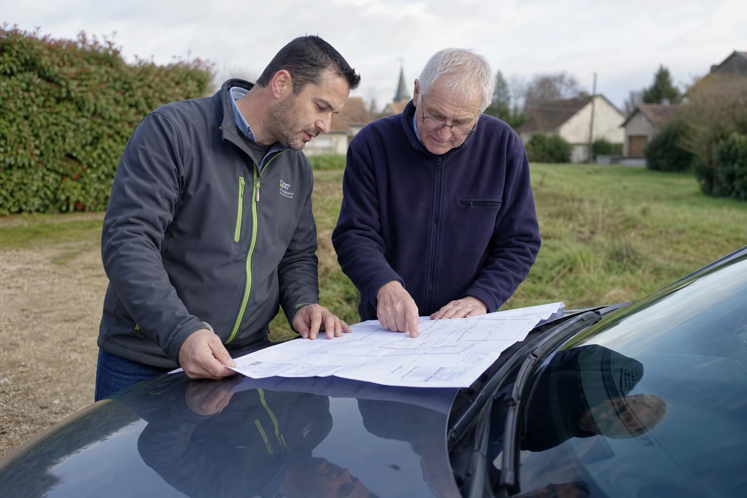 Géomètre et propriétaire consultant un plan cadastral devant un terrain à bâtir