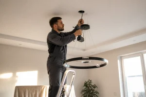 Artisan fixant un lustre au plafond sans crochet à l'aide d'une cheville adaptée