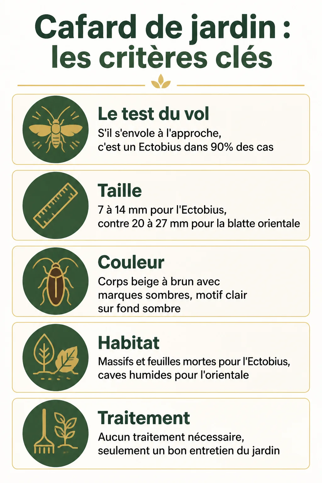 Cafard de jardin : les critères clés : Le test du vol, Taille, Couleur, Habitat, Traitement