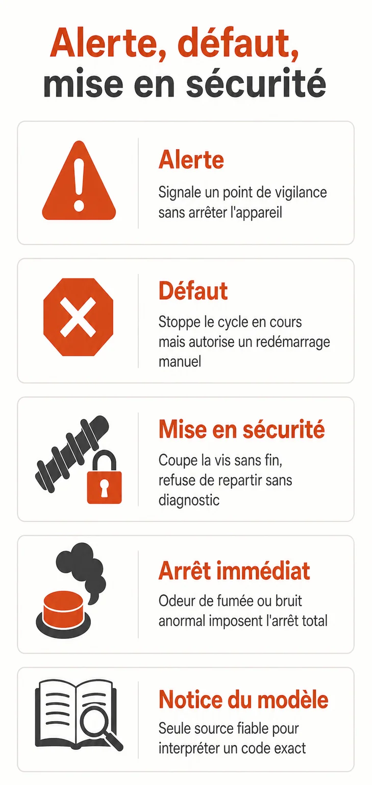 Alerte, défaut, mise en sécurité : Alerte, Défaut, Mise en sécurité, Arrêt immédiat, Notice du modèle