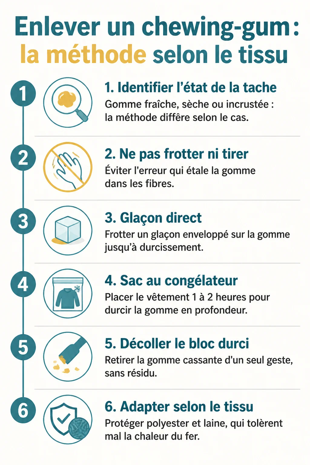 Enlever un chewing-gum : la méthode selon le tissu : 1. Identifier l'état de la tache, 2. Ne pas frotter ni tirer, 3. Glaçon direct, 4. Sac au congélateur, 5. Décoller le bloc durci, 6. Adapter selon le tissu