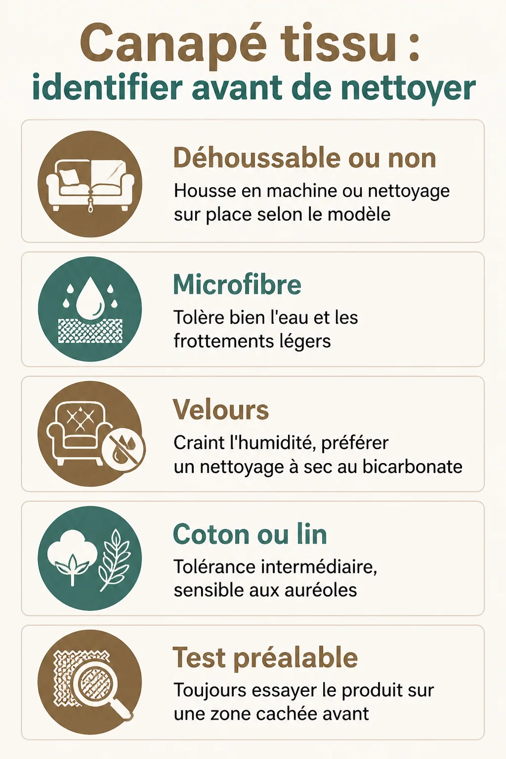 Canapé tissu : identifier avant de nettoyer : Déhoussable ou non, Microfibre, Velours, Coton ou lin, Test préalable