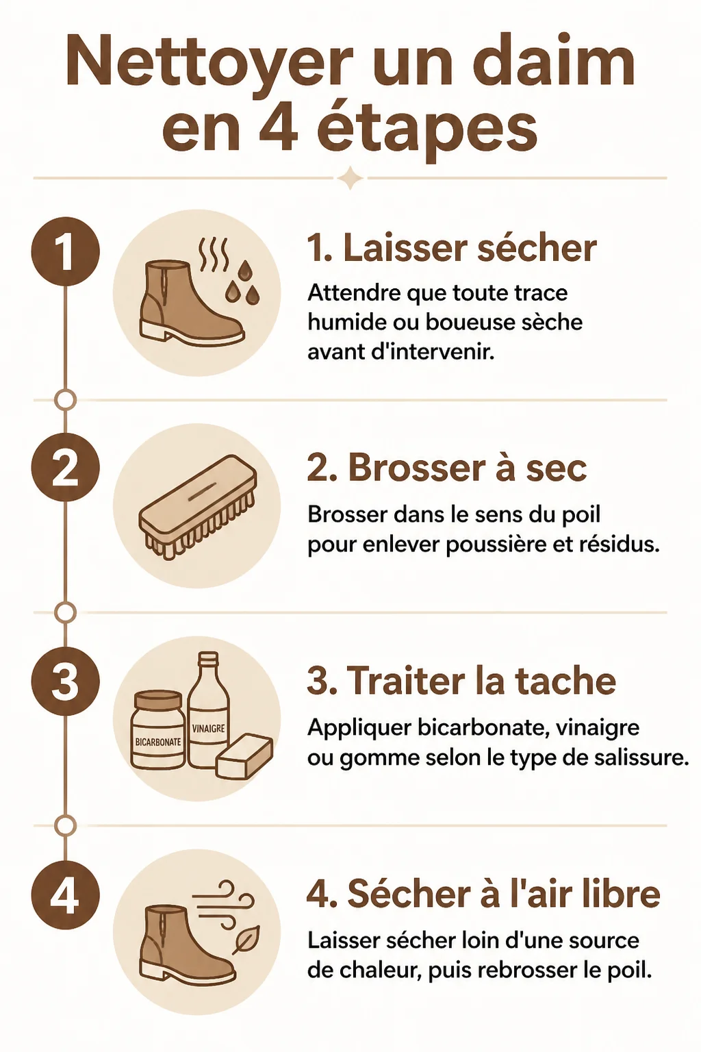 Nettoyer un daim en 4 étapes : 1. Laisser sécher, 2. Brosser à sec, 3. Traiter la tache, 4. Sécher à l'air libre