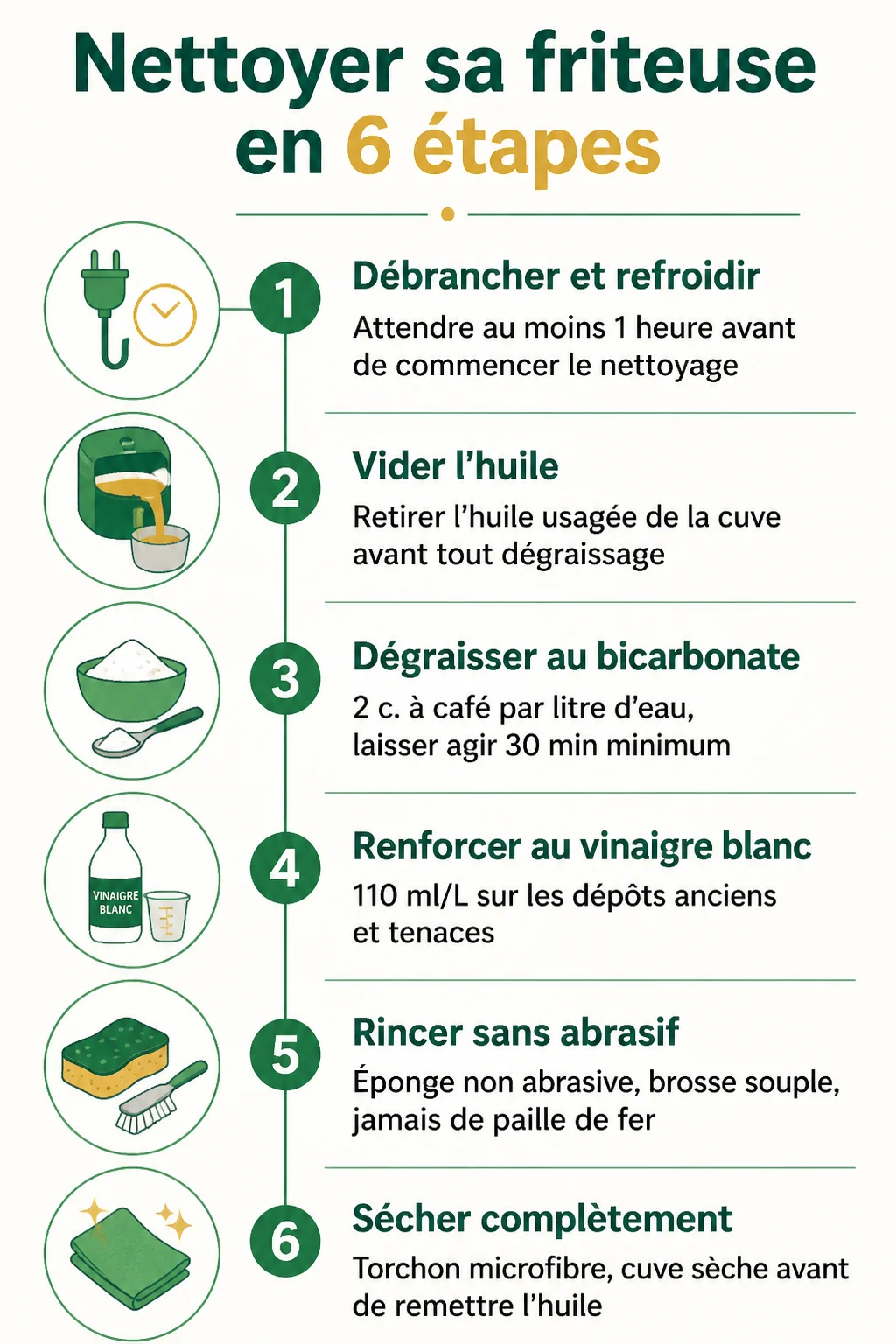 Nettoyer sa friteuse en 6 étapes : 1. Débrancher et refroidir, 2. Vider l'huile, 3. Dégraisser au bicarbonate, 4. Renforcer au vinaigre blanc, 5. Rincer sans abrasif, 6. Sécher complètement