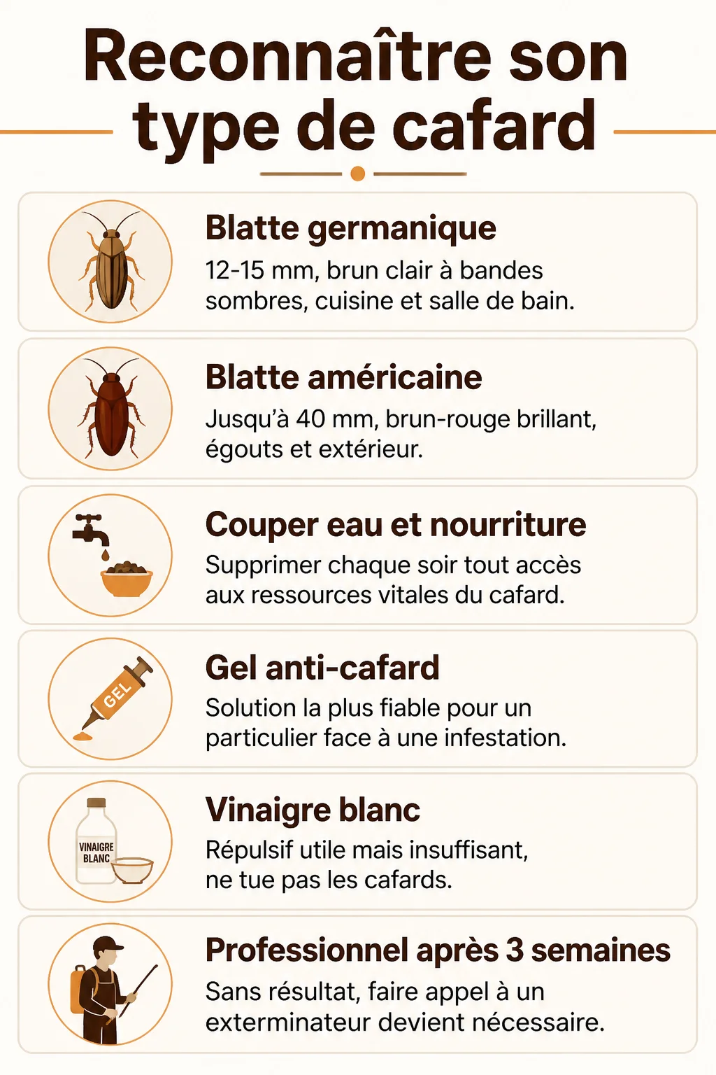 Reconnaître son type de cafard : Blatte germanique, Blatte américaine, Couper eau et nourriture, Gel anti-cafard, Vinaigre blanc, Professionnel après 3 semaines