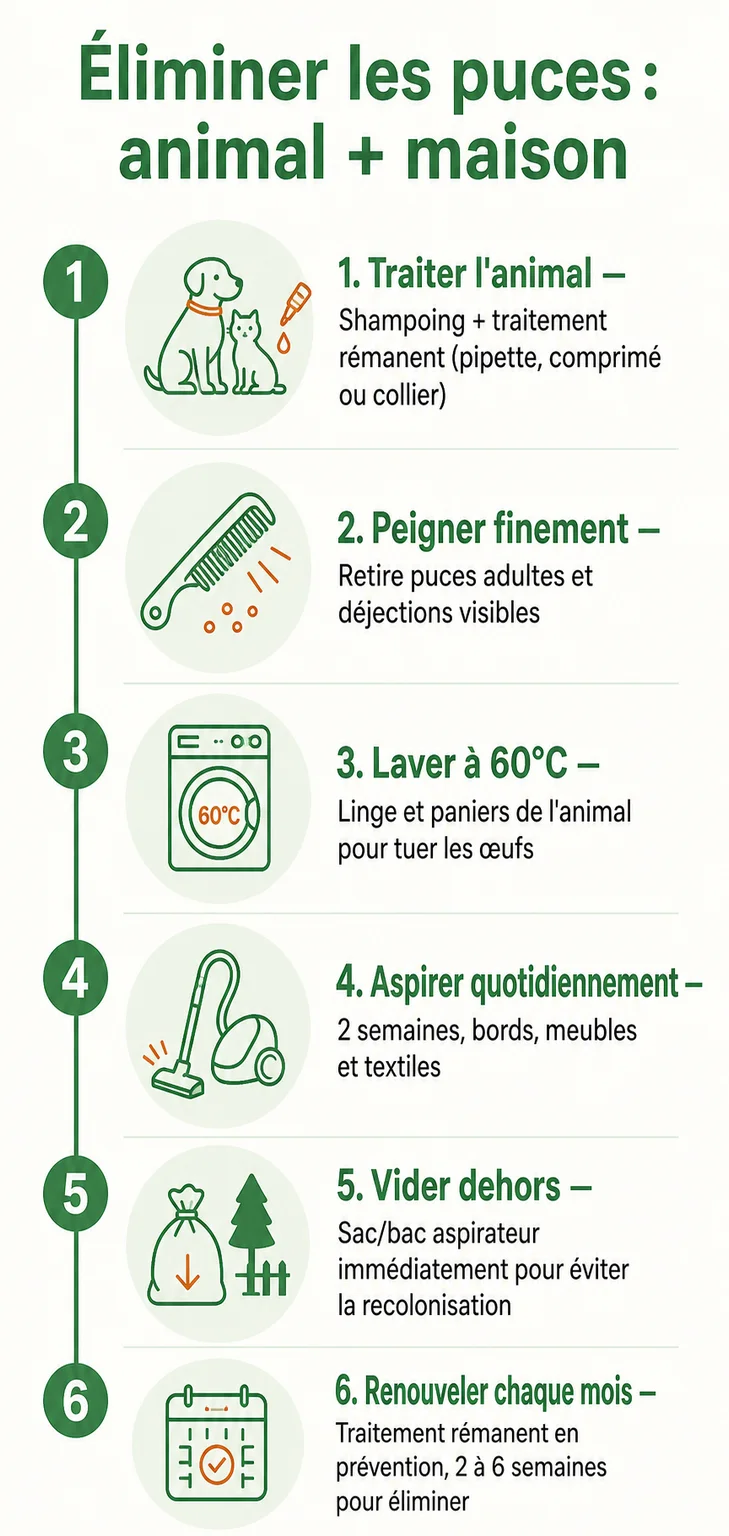 Éliminer les puces : animal + maison : 1. Traiter l'animal, 2. Peigner finement, 3. Laver à 60°C, 4. Aspirer quotidiennement, 5. Vider dehors, 6. Renouveler chaque mois