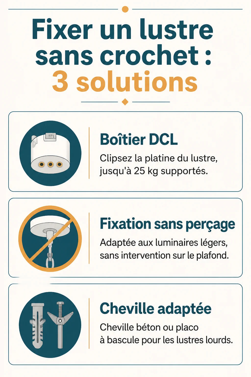 Fixer un lustre sans crochet : 3 solutions : Boîtier DCL, Fixation sans perçage, Cheville adaptée