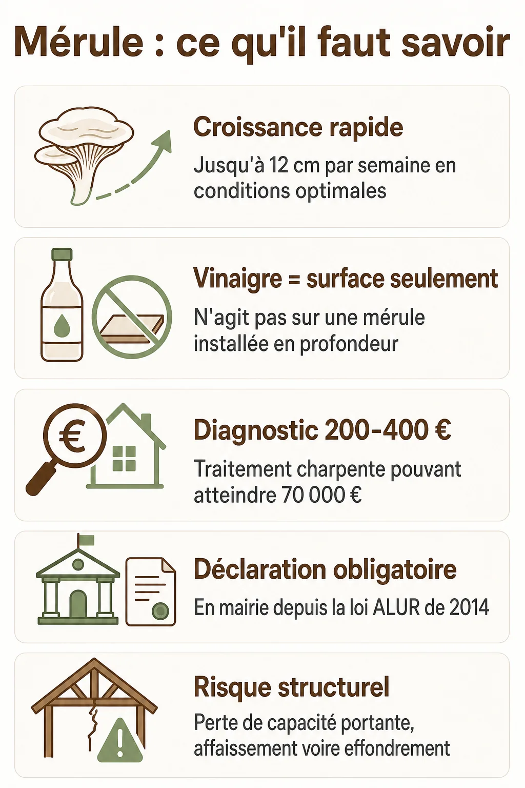 Mérule : ce qu'il faut savoir : Croissance rapide, Vinaigre = surface seulement, Diagnostic 200-400 €, Déclaration obligatoire, Risque structurel