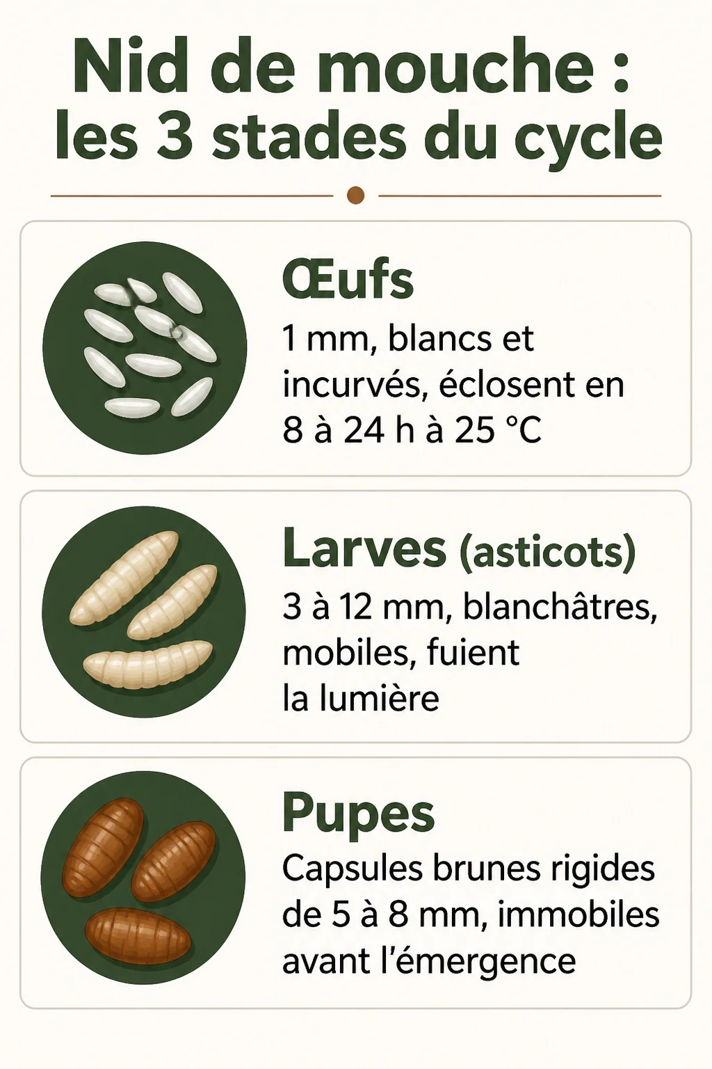 Nid de mouche : les 3 stades du cycle : Œufs, Larves (asticots), Pupes