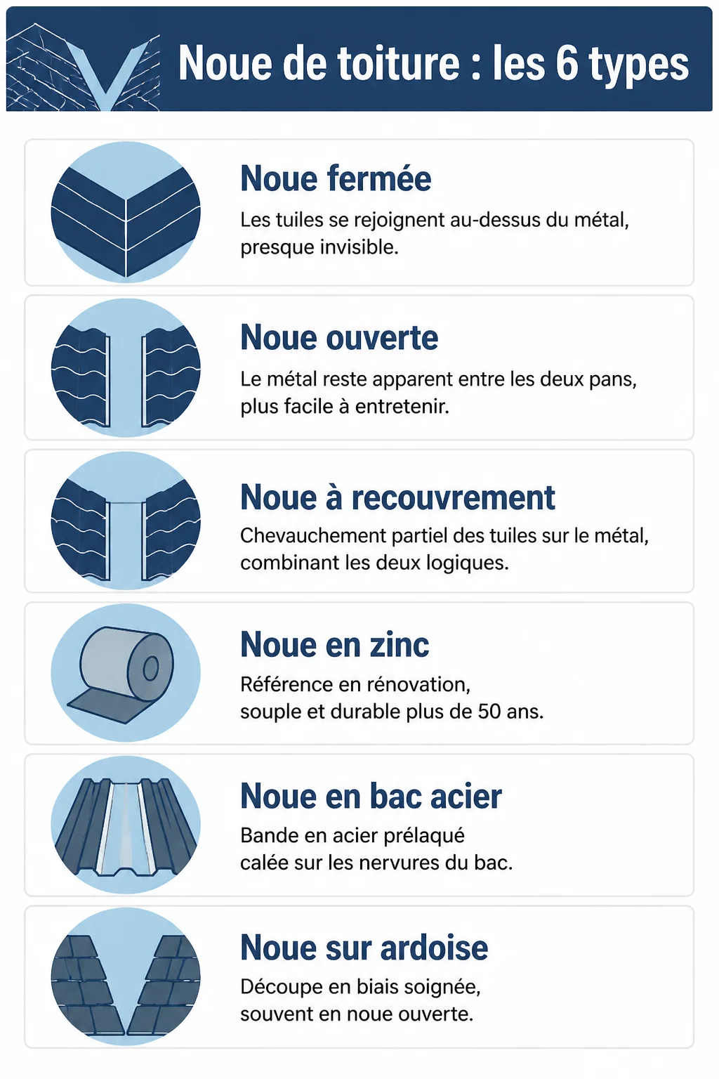 Noue de toiture : les 6 types : Noue fermée, Noue ouverte, Noue à recouvrement, Noue en zinc, Noue en bac acier, Noue sur ardoise