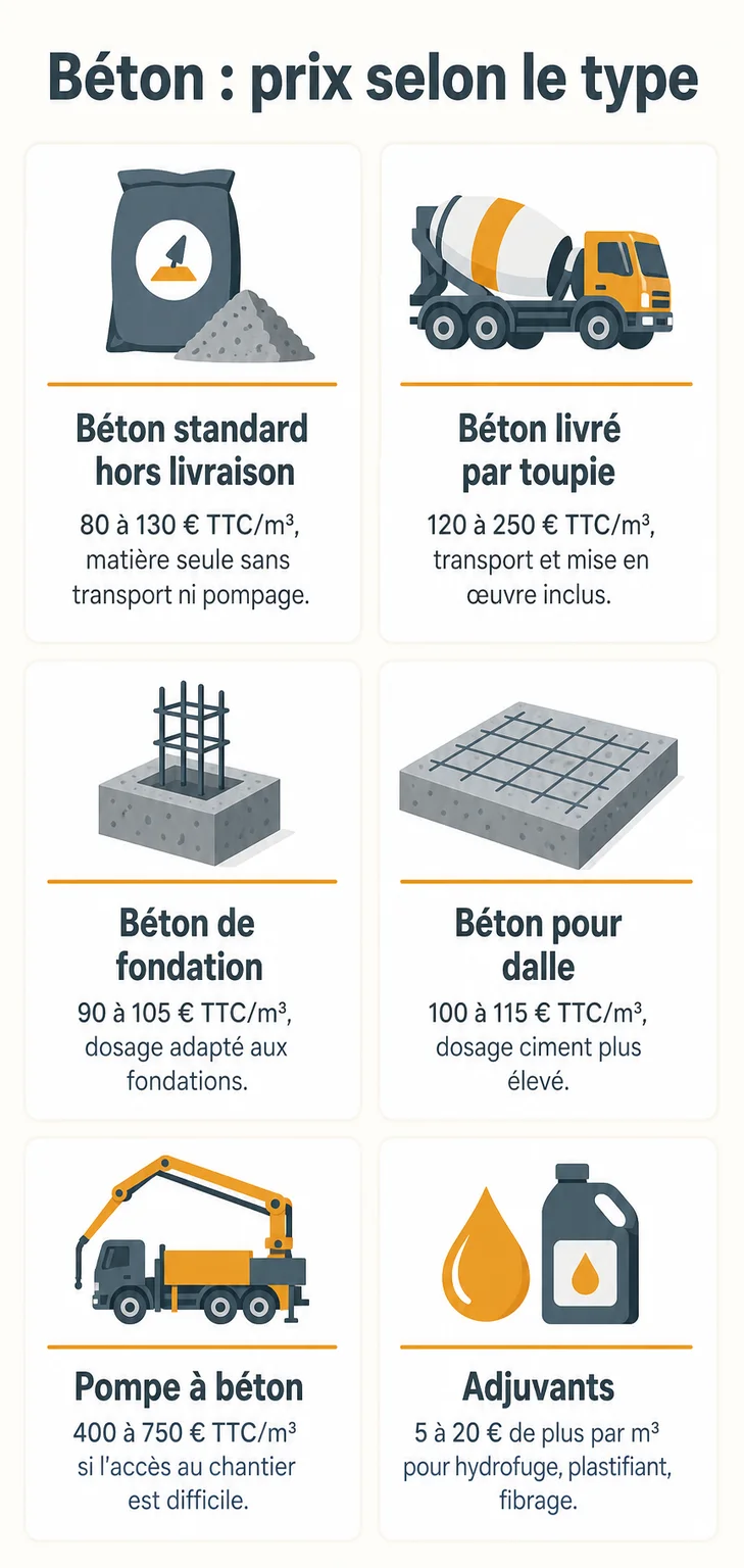 Béton : prix selon le type : Béton standard hors livraison, Béton livré par toupie, Béton de fondation, Béton pour dalle, Pompe à béton, Adjuvants