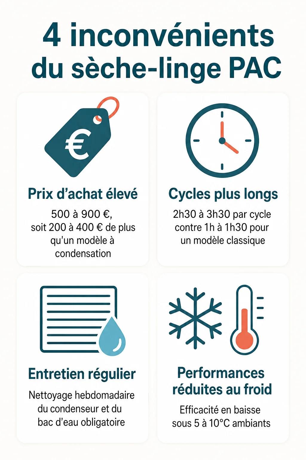 4 inconvénients du sèche-linge PAC : Prix d'achat élevé, Cycles plus longs, Entretien régulier, Performances réduites au froid