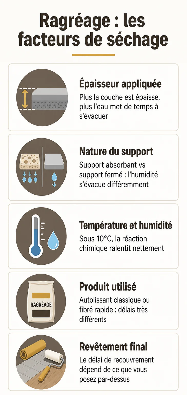 Ragréage : les facteurs de séchage : Épaisseur appliquée, Nature du support, Température et humidité, Produit utilisé, Revêtement final