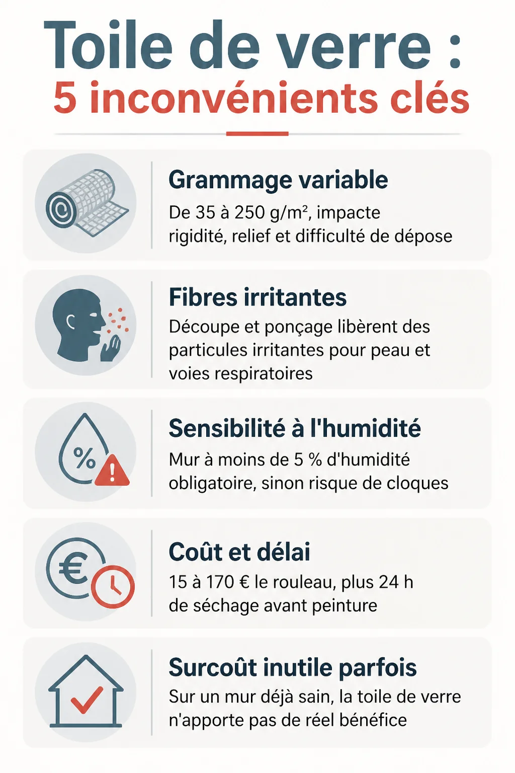 Toile de verre : 5 inconvénients clés : Grammage variable, Fibres irritantes, Sensibilité à l'humidité, Coût et délai, Surcoût inutile parfois