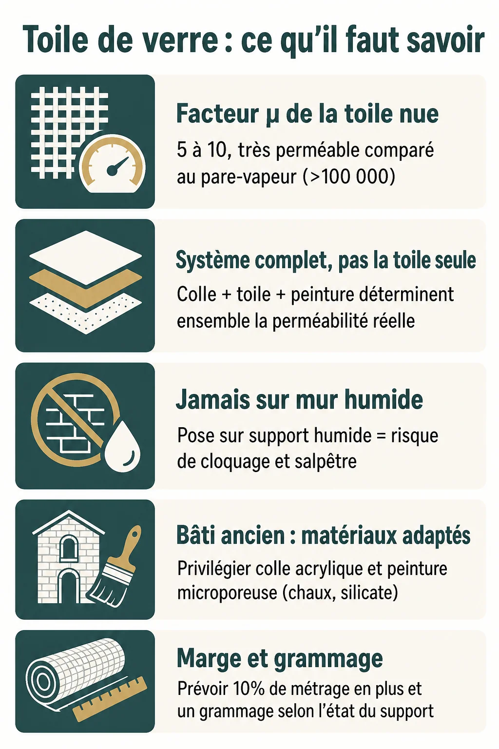 Toile de verre : ce qu'il faut savoir : Facteur μ de la toile nue, Système complet, pas la toile seule, Jamais sur mur humide, Bâti ancien : matériaux adaptés, Marge et grammage