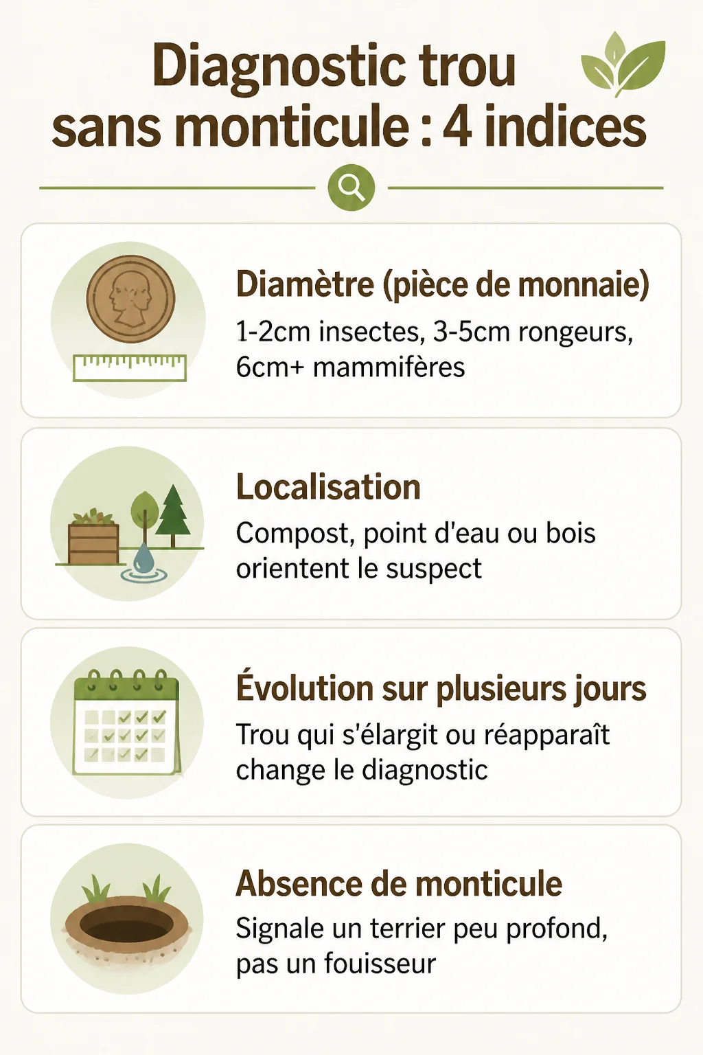 Diagnostic trou sans monticule : 4 indices : Diamètre (pièce de monnaie), Localisation, Évolution sur plusieurs jours, Absence de monticule