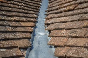 Noue de toiture en zinc entre deux pans de toit en tuiles avec débord visible