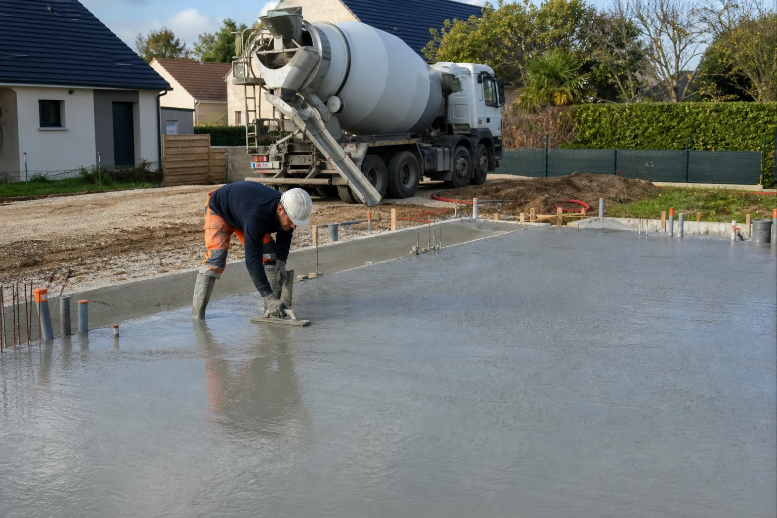 Coulage d'une dalle en béton avec camion toupie sur un chantier résidentiel