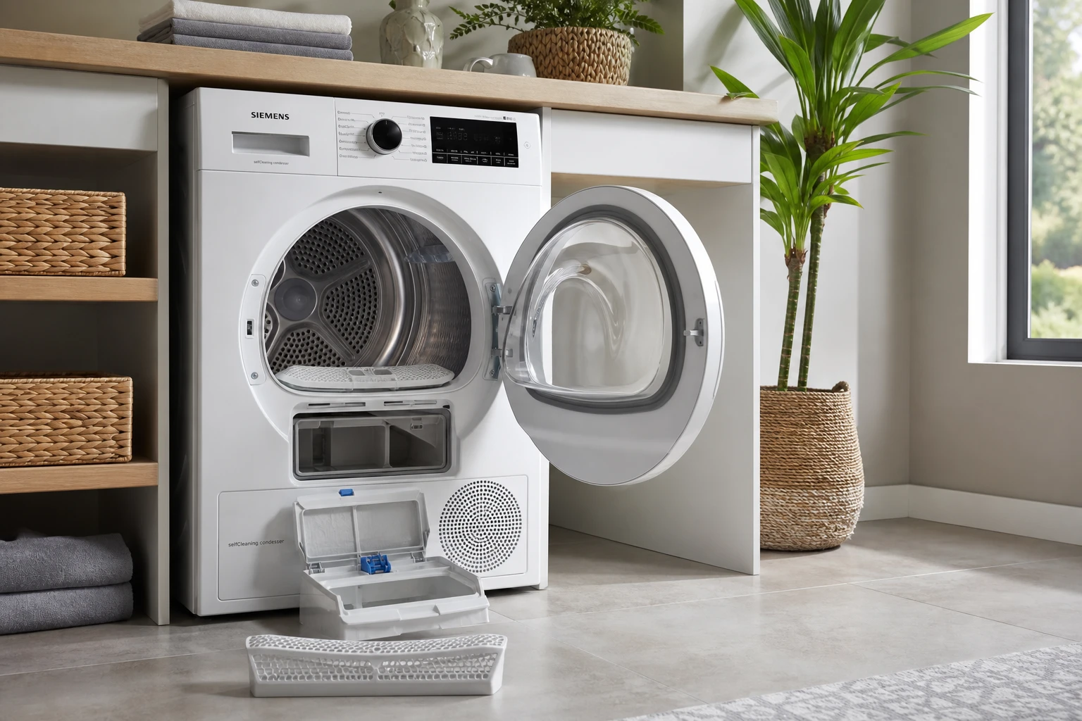 Sèche-linge à pompe à chaleur ouvert montrant le filtre et le bac de récupération d'eau
