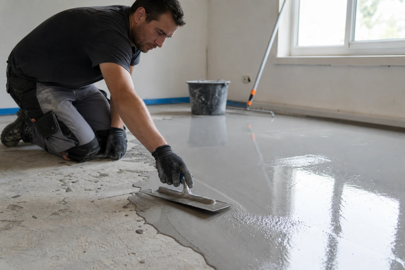 Artisan applique un ragréage autolissant gris sur une chape de béton en cours de rénovation