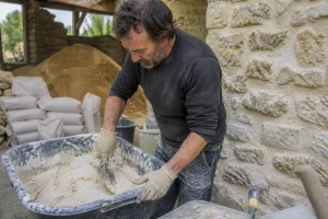 Artisan préparant un mortier de dosage chaux sable pour rejointoyer un mur en pierre
